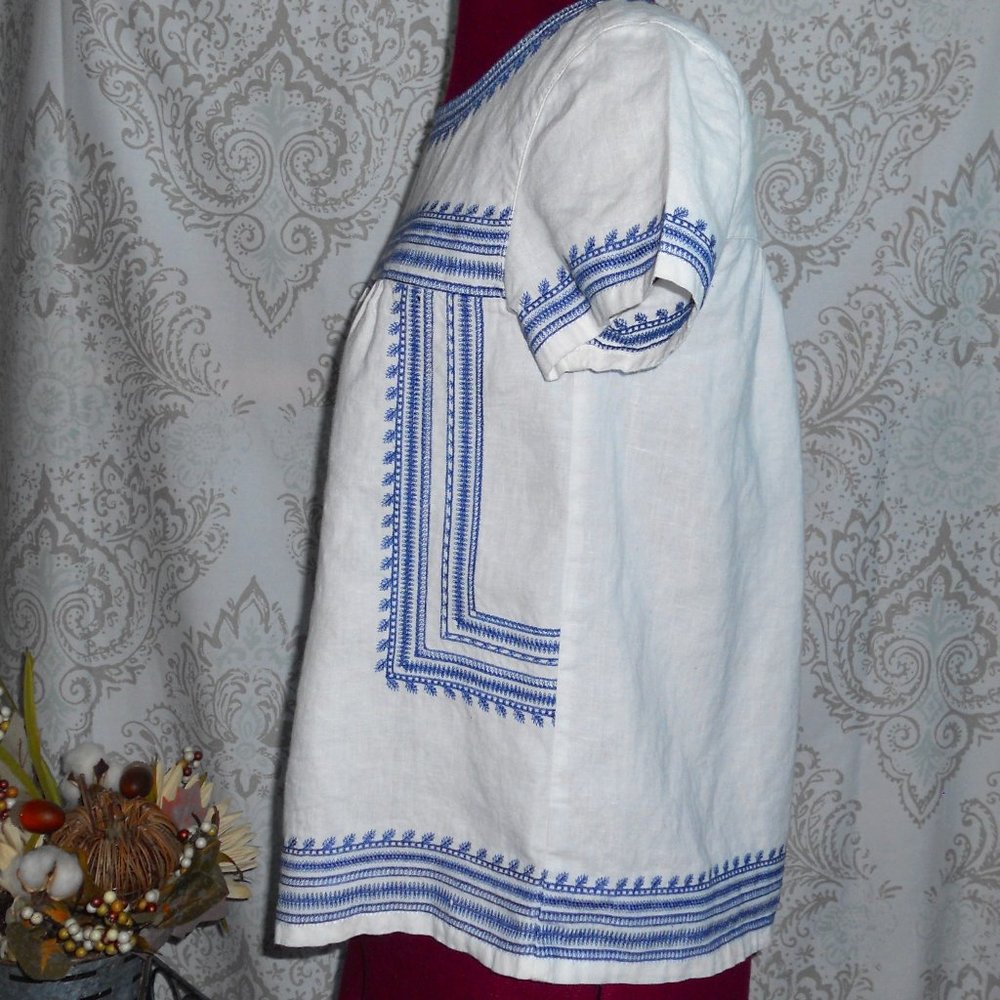 Madewell XS White Linen S/S Peasant Boho Blouse Blue Embroidery - Picture 2 of 5